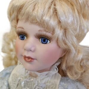 Vintage Geppeddo Porcelain Doll Blonde‎ Hair Blue Eyes Victorian Dress 16 inch